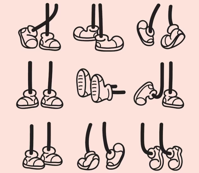 Nine black and white cartoon legs in various positions with different shoe styles