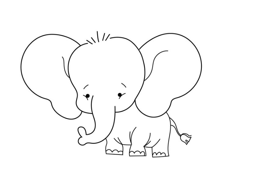 A simple line drawing of a full-bodied baby elephant standing