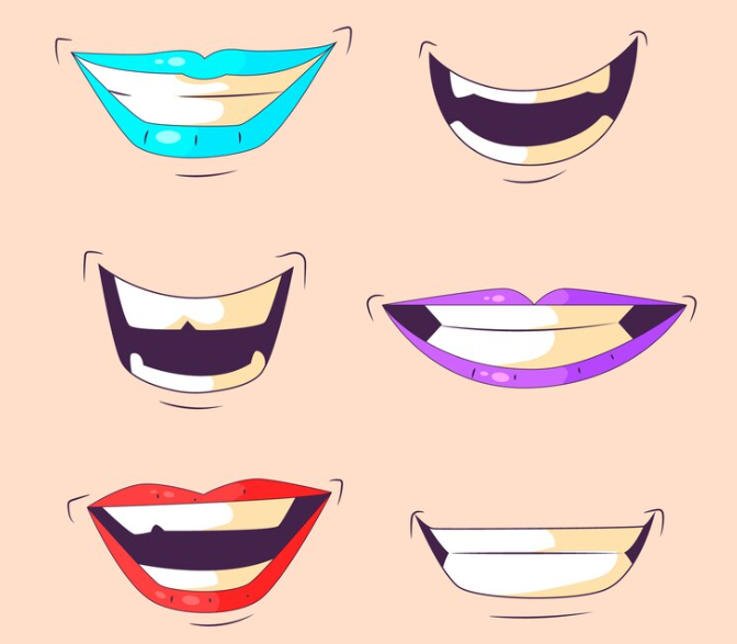 Six stylized cartoon mouths with different colors and shapes