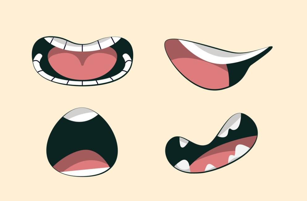 Four stylized mouth designs in black, white, and red tones