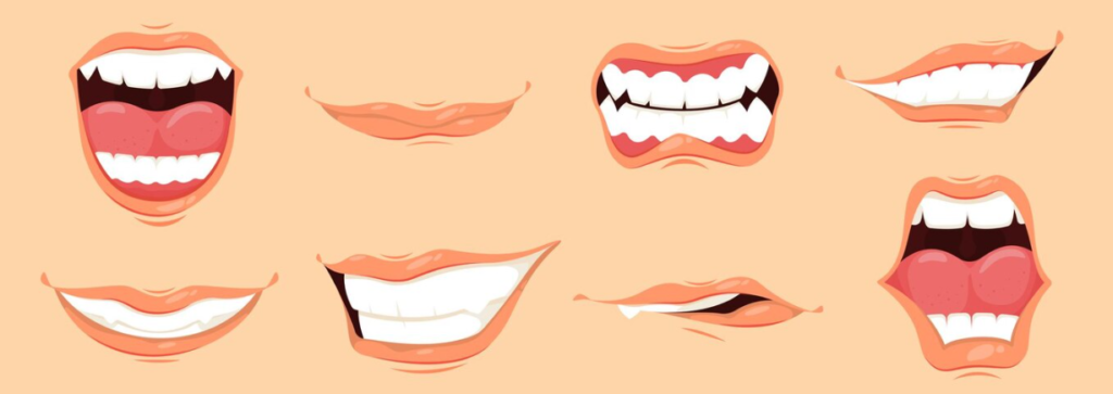 Collection of cartoon mouths with different expressions on peach backdrop