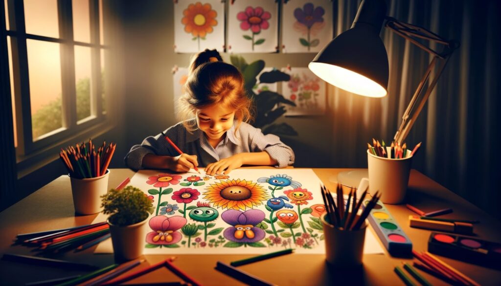 Girl draws cartoon flowers