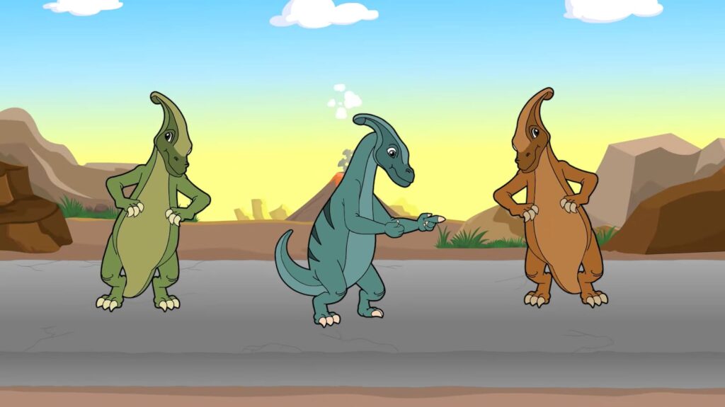 Three colorful cartoon dinosaurs stand on a road in front of the volcano and rocks