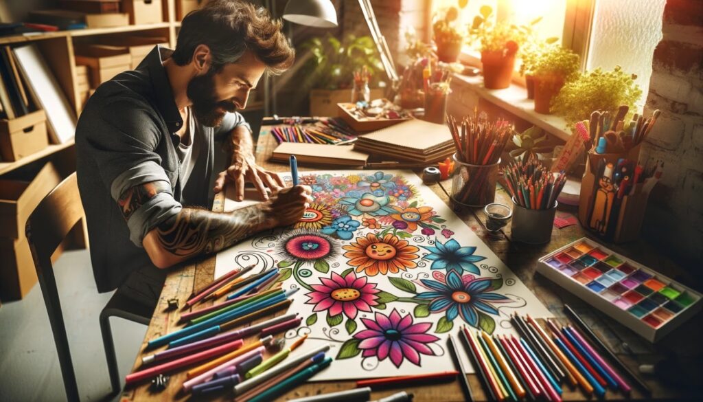 Man drawing cartoon flowers