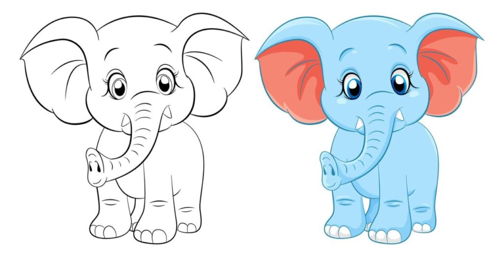 Side-by-side images of a baby elephant, one sketched, one colored blue